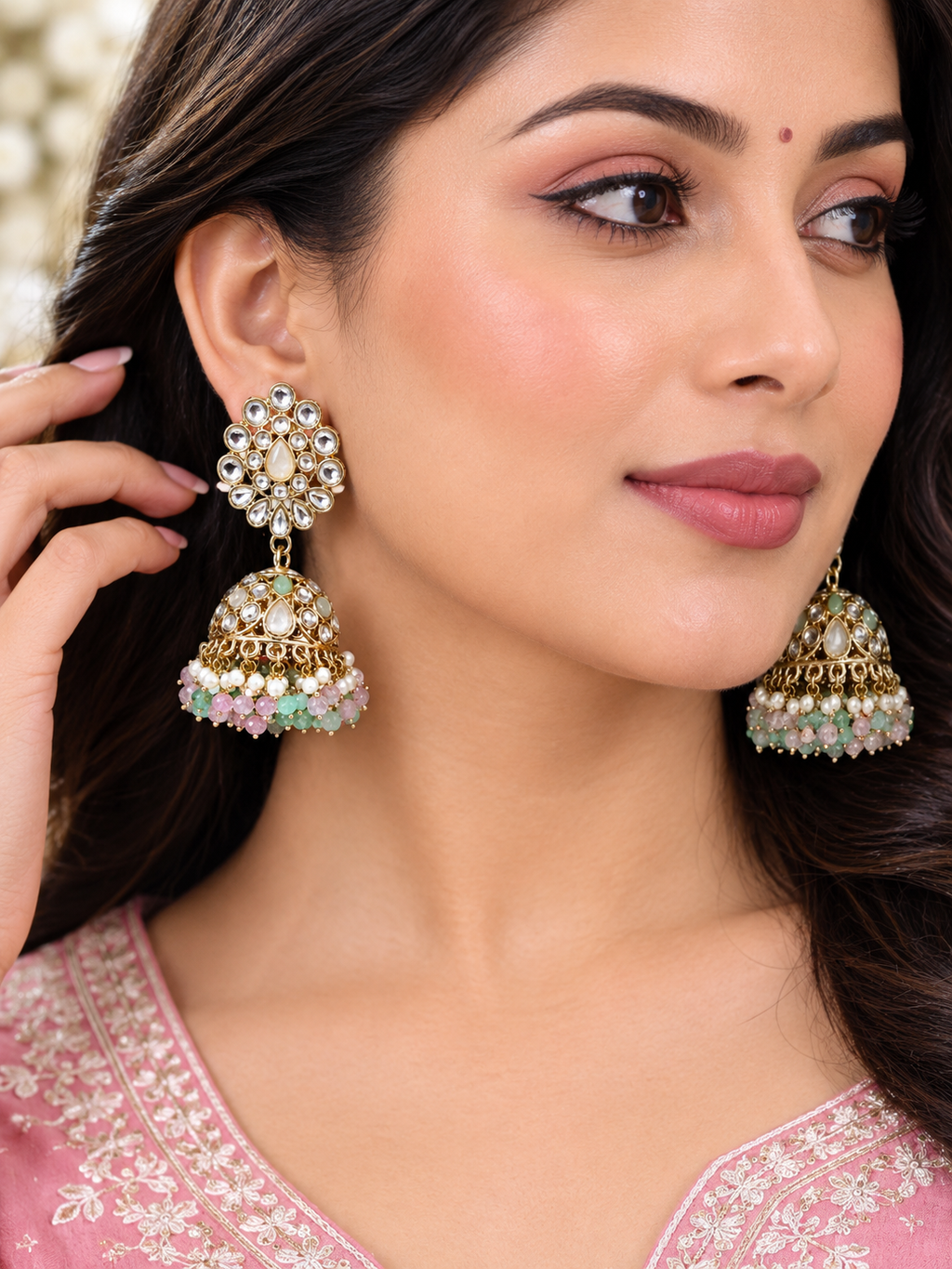 Pink & Gold Beaded Chandelier Earrings – Artificial Fashion Jewellery