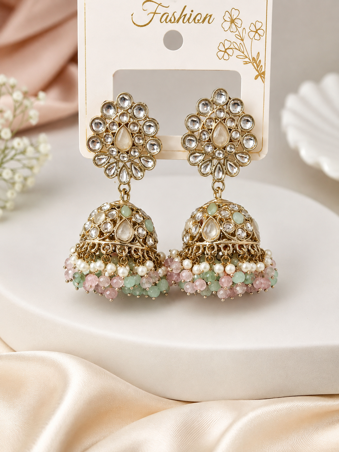 Pink & Gold Beaded Chandelier Earrings – Artificial Fashion Jewellery
