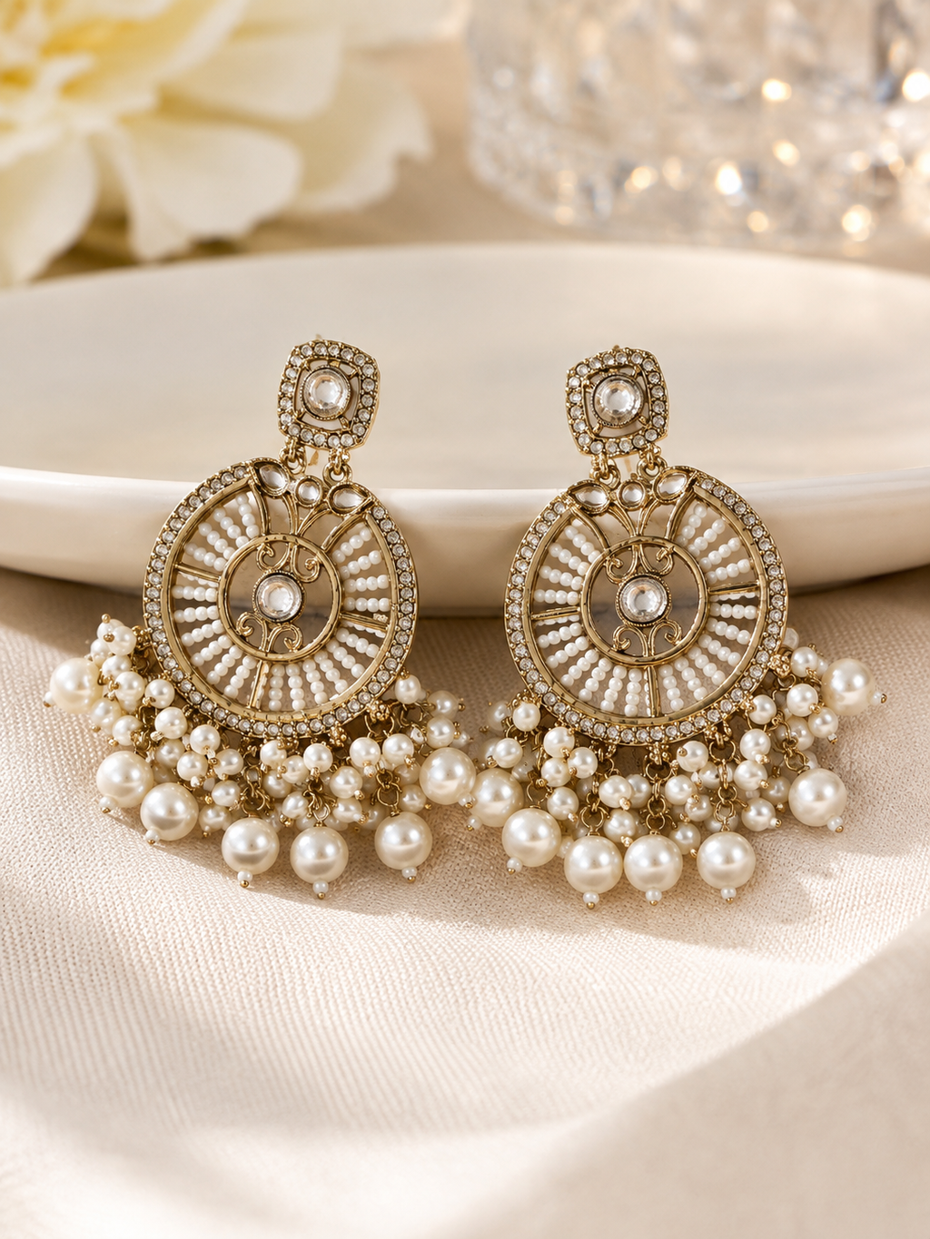 Royal Pearl Chandbali Earrings – Gold-Tone Artificial Jewellery