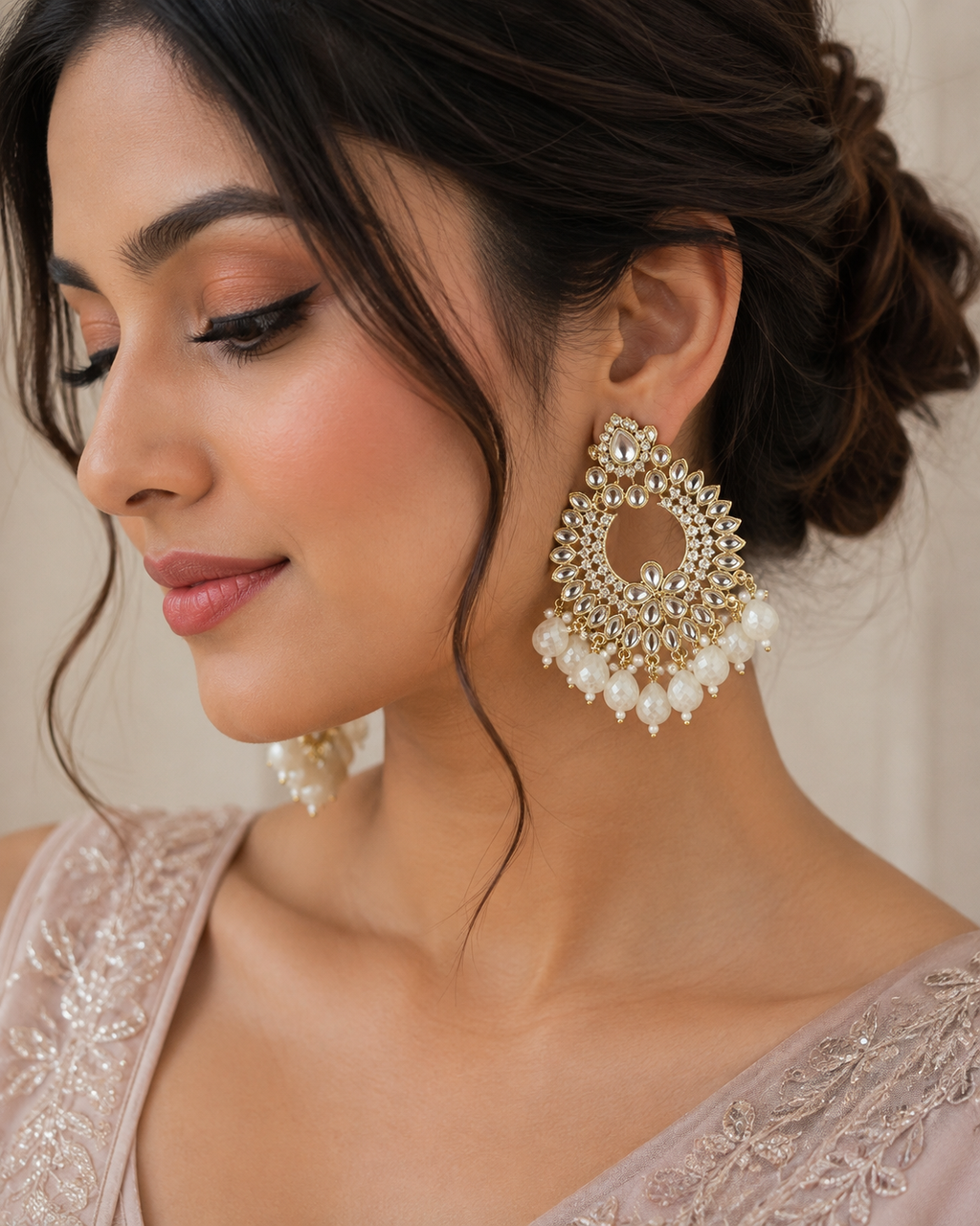 Gold-Tone Pearl Drop Chandbali Earrings