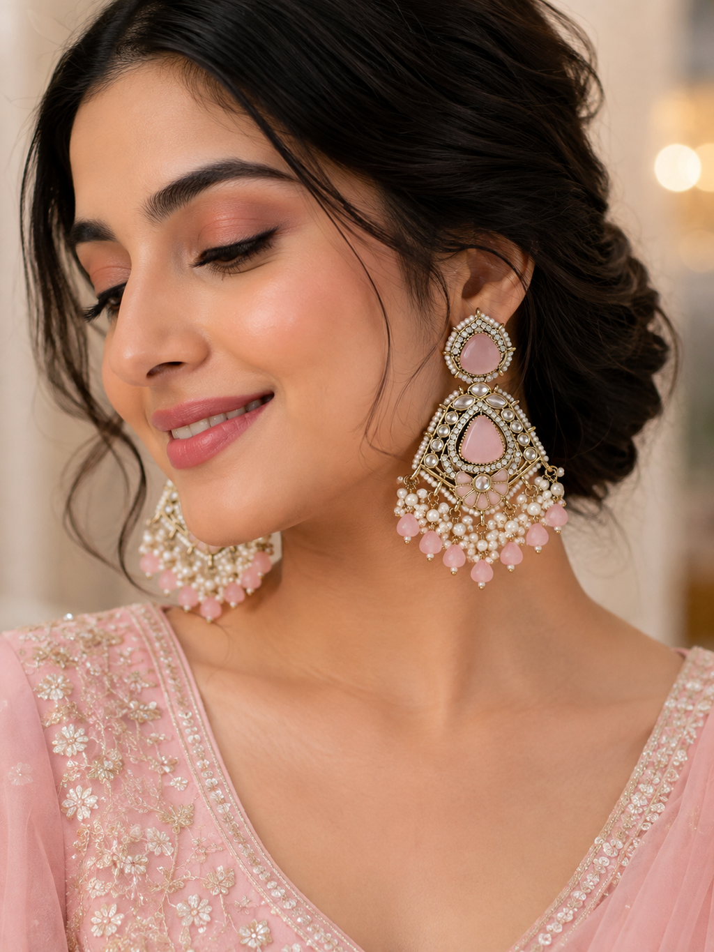 Pink Pearl & Stone Chandelier Earrings