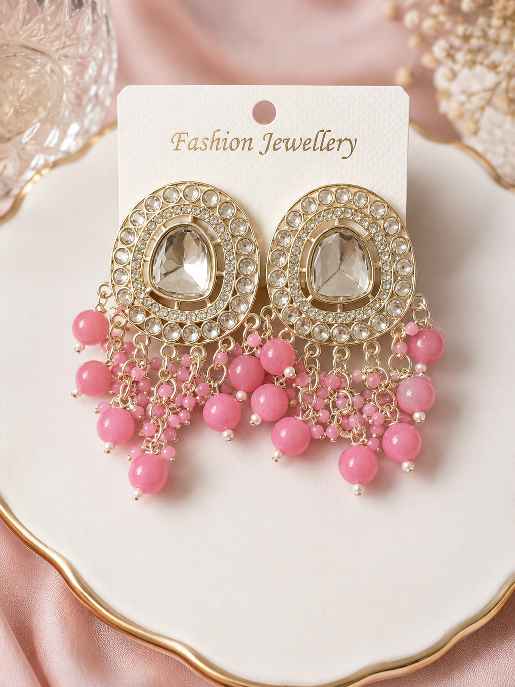 Pink Beaded Crystal Chandelier Earrings