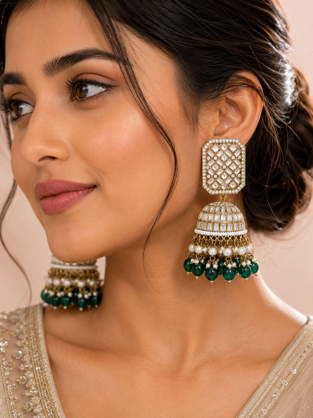 Emerald Green Kundan Jhumka Earrings