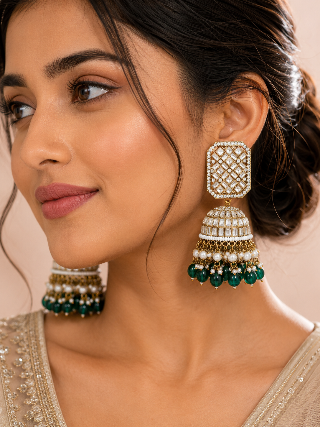 Emerald Green Kundan Jhumka Earrings