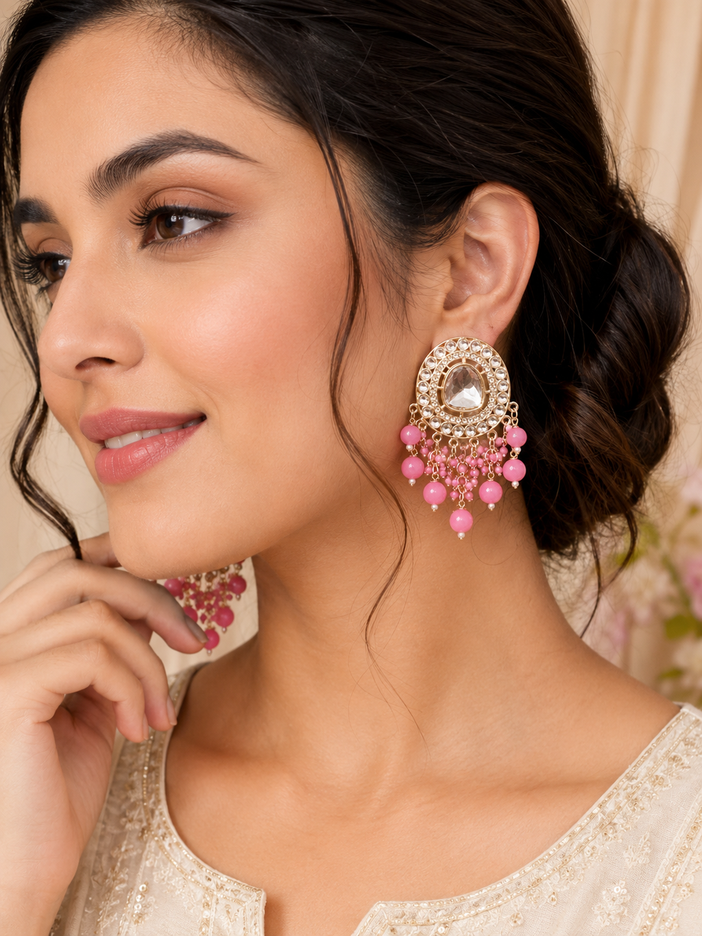 Pink Beaded Crystal Chandelier Earrings
