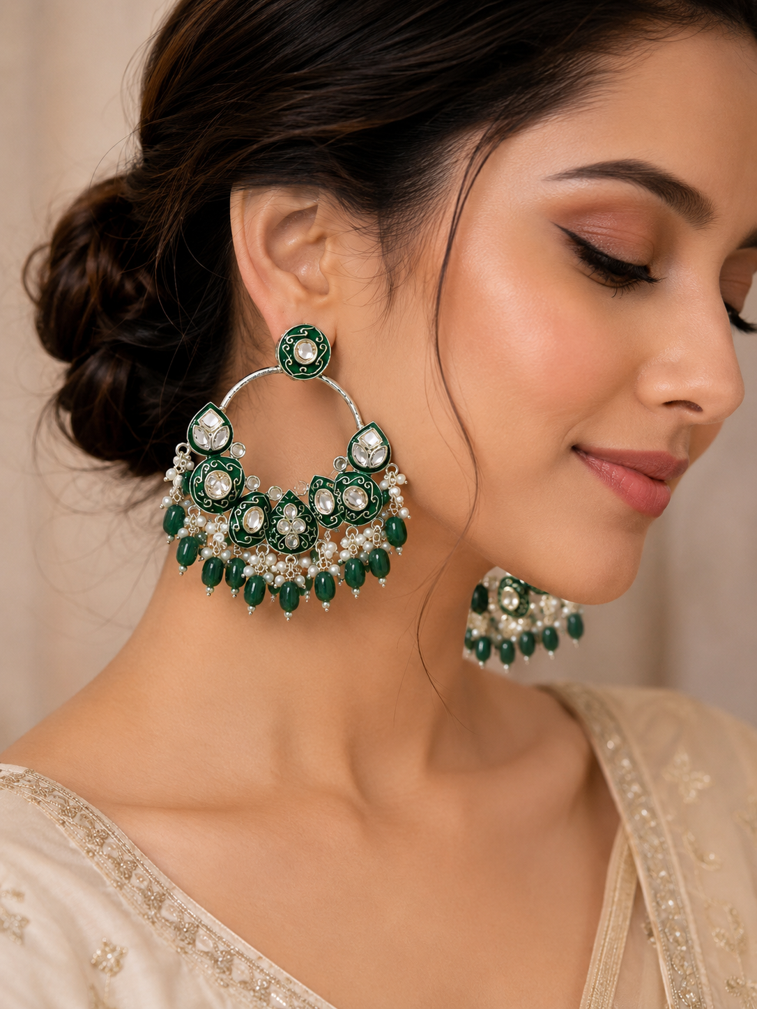 Emerald Green Kundan Chandelier Hoop Earrings