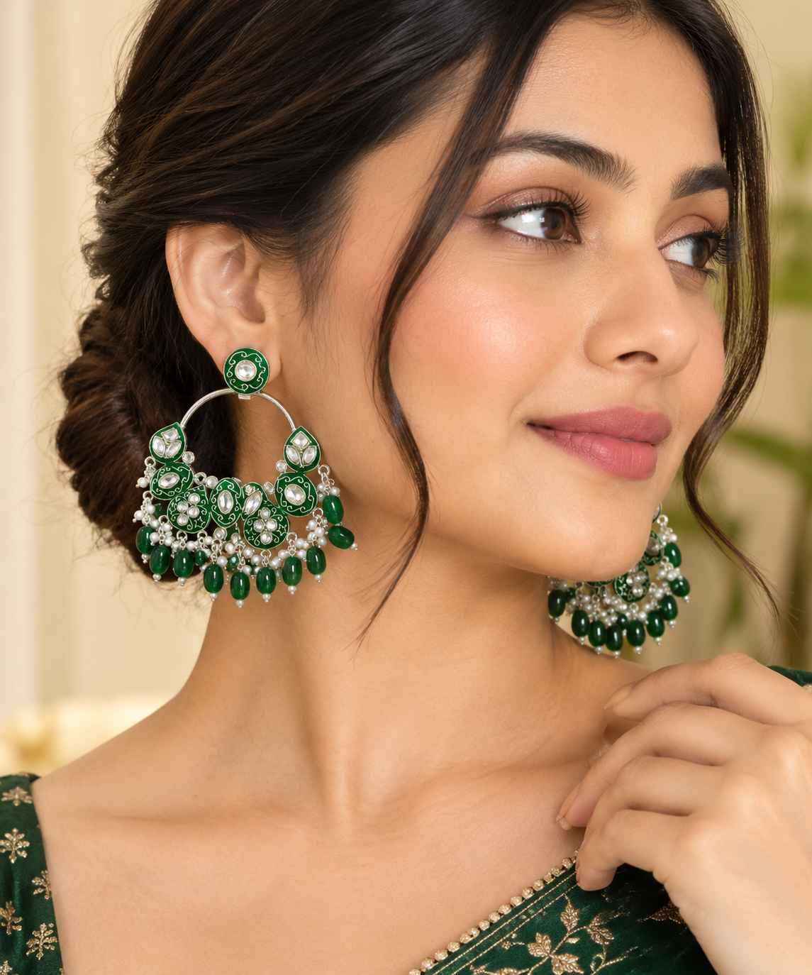Emerald Green Kundan Chandelier Hoop Earrings