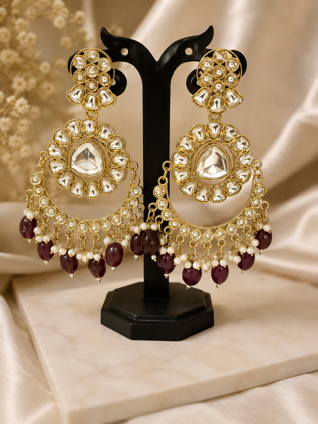 Gold-Tone Burgundy Pearl Chandbali Statement Earrings