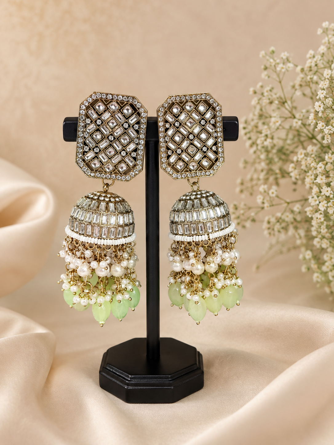 Gold-Tone Green Pearl Jhumka Earrings – Crystal & Pearl Statement Earrings