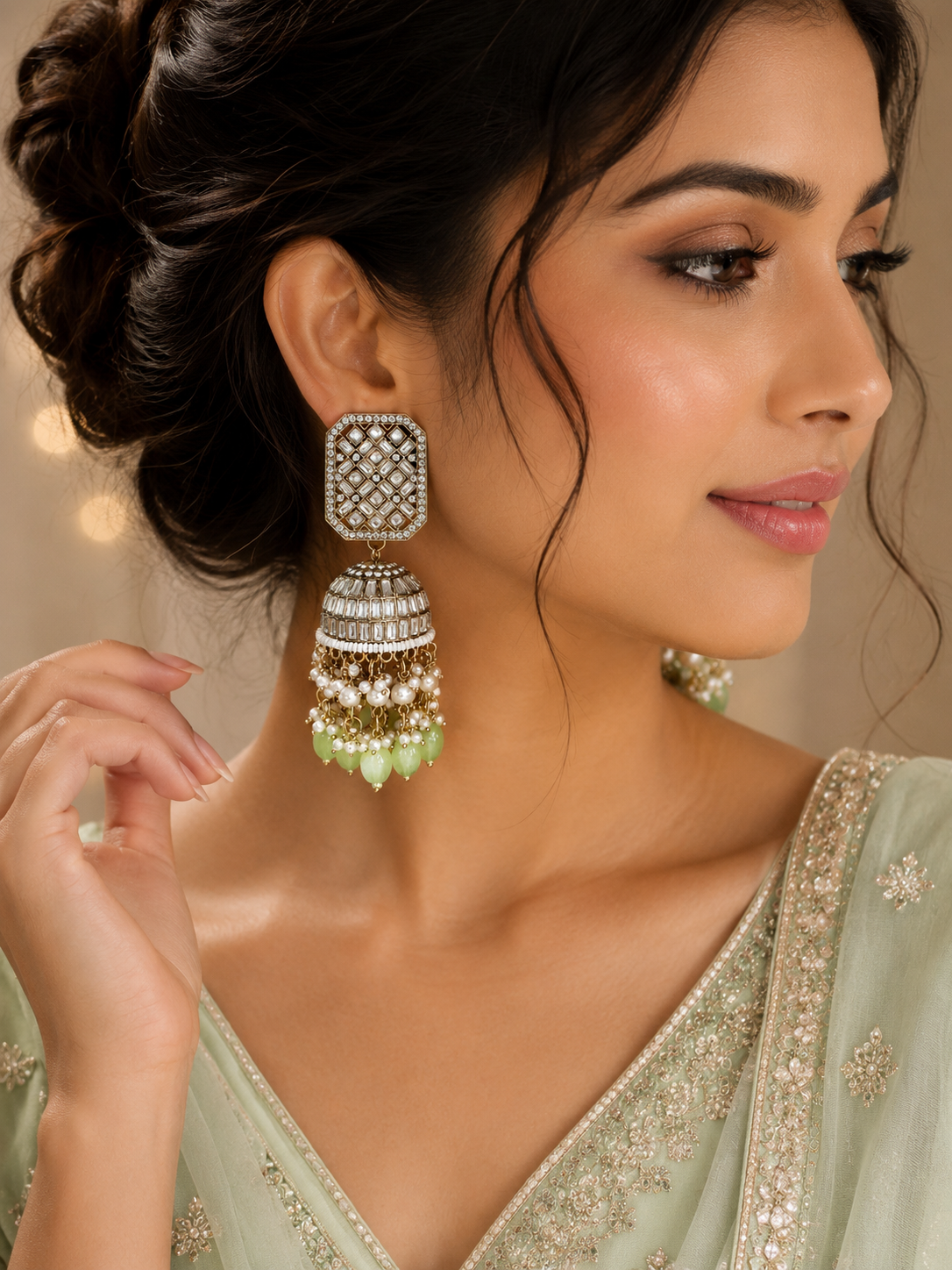 Gold-Tone Green Pearl Jhumka Earrings – Crystal & Pearl Statement Earrings