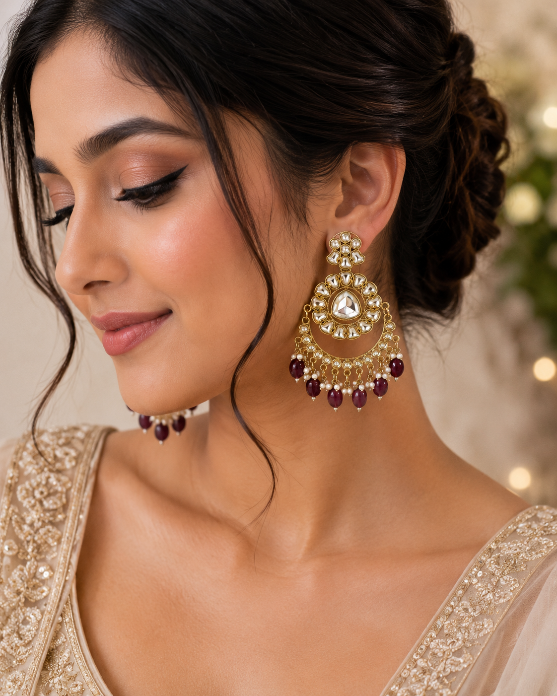 Gold-Tone Burgundy Pearl Chandbali Statement Earrings