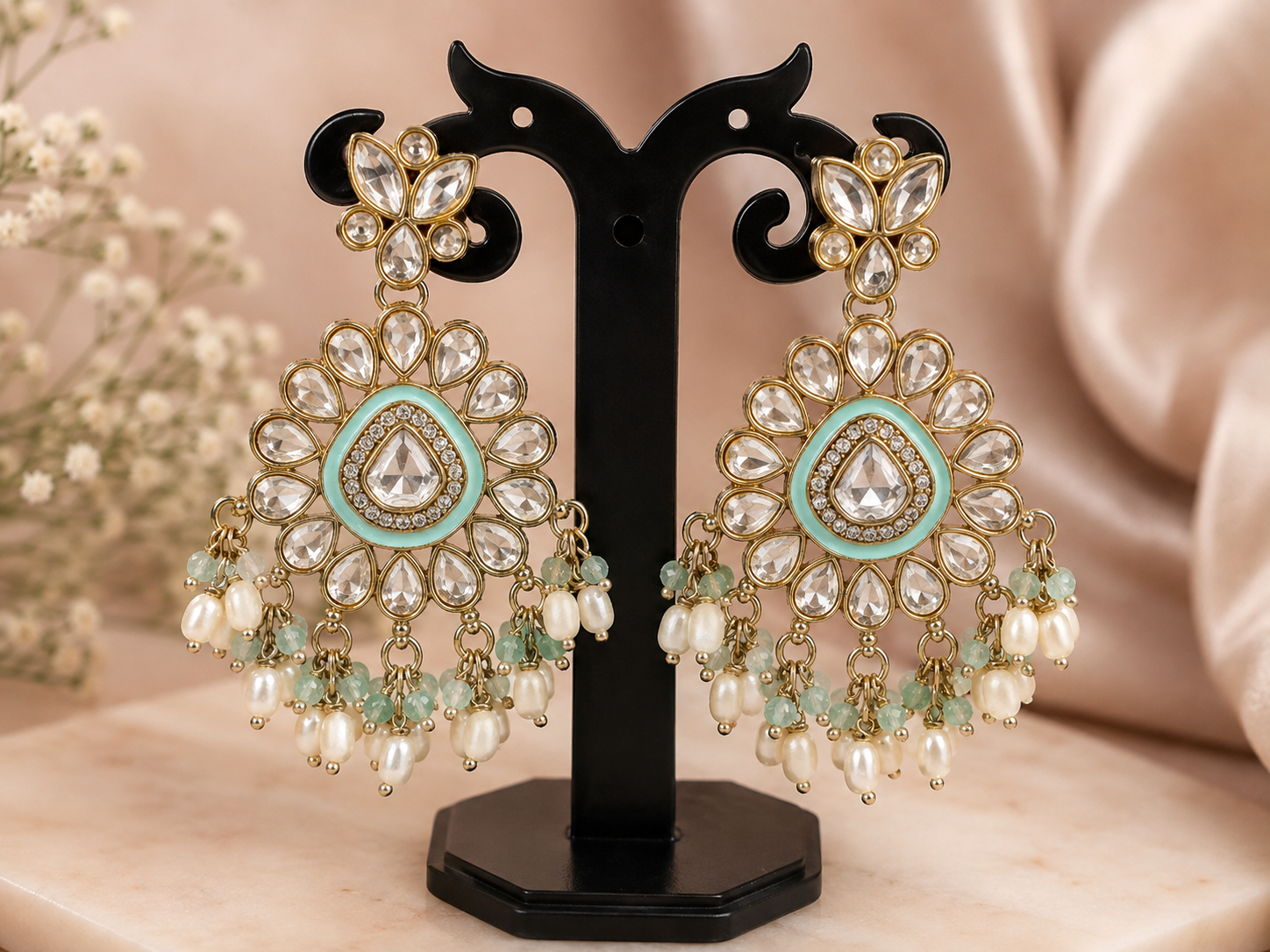 Gold-Tone Mint Green Pearl Chandelier Earrings