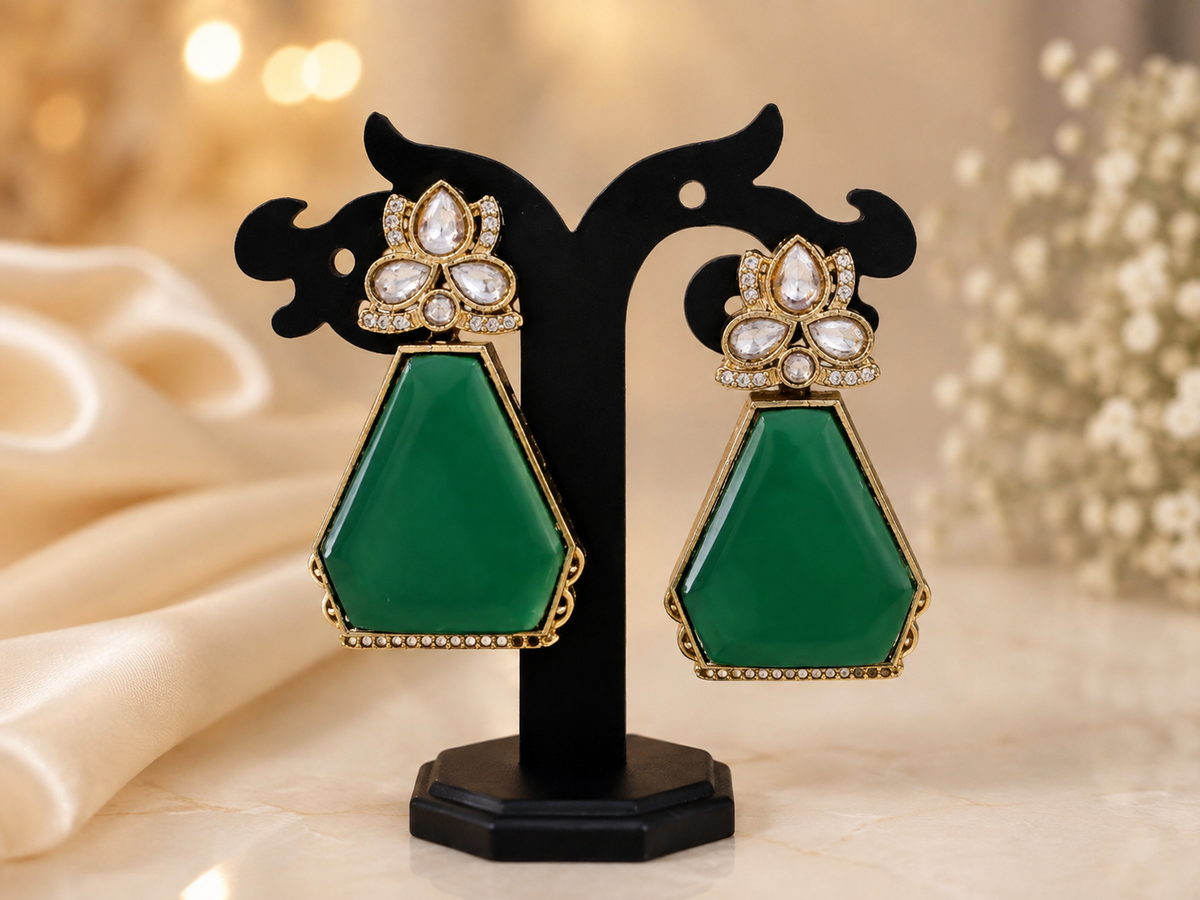 Emerald Green Geometric Drop Earrings – Gold-Tone Floral Crystal Statement Earrings