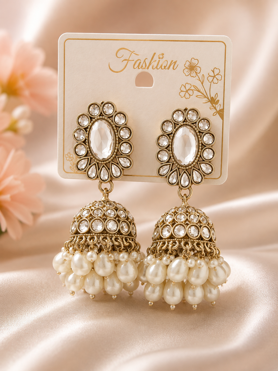 Gold & White Pearl Jhumka Earrings – Artificial Traditional Fashion Jewellery