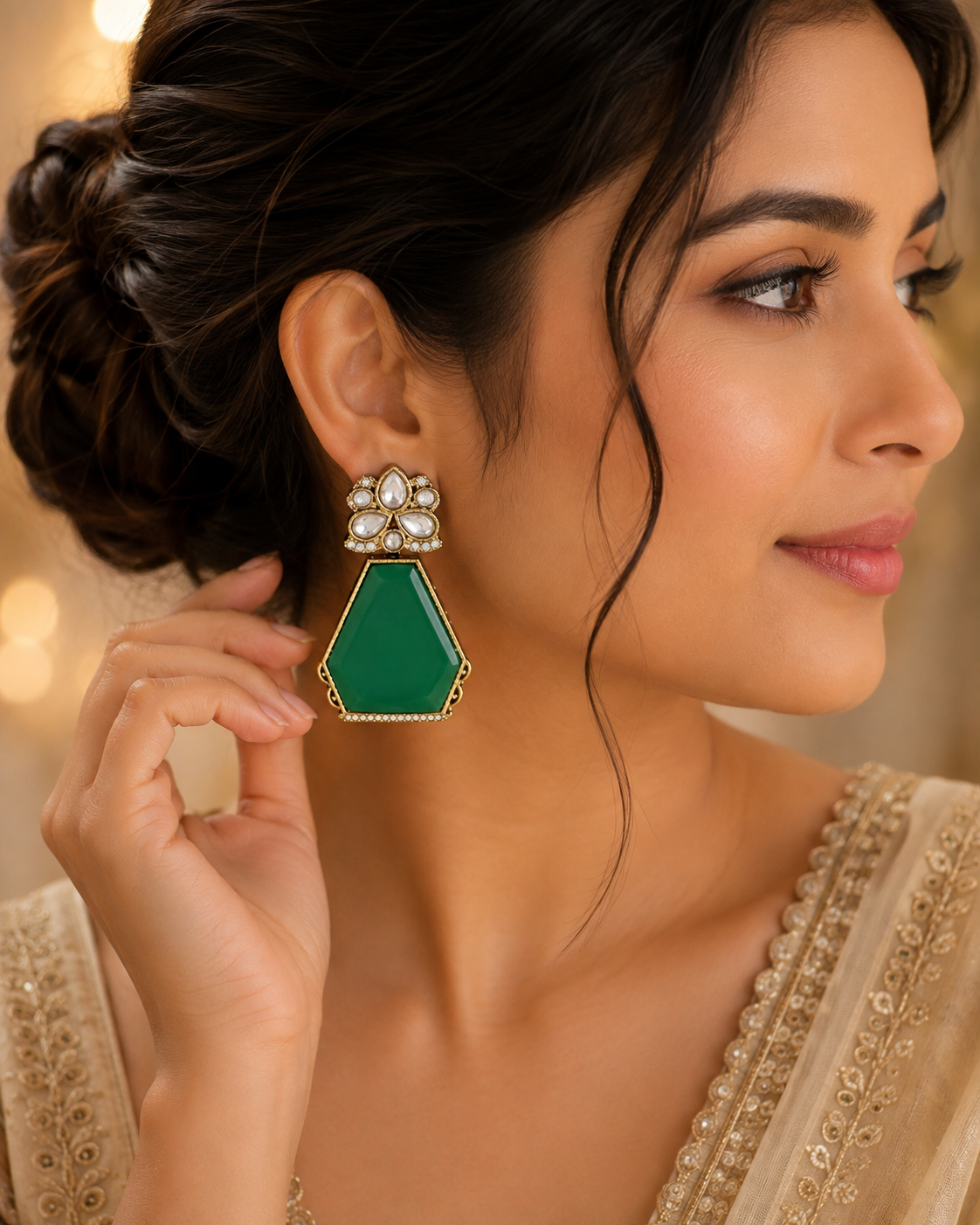 Emerald Green Geometric Drop Earrings – Gold-Tone Floral Crystal Statement Earrings