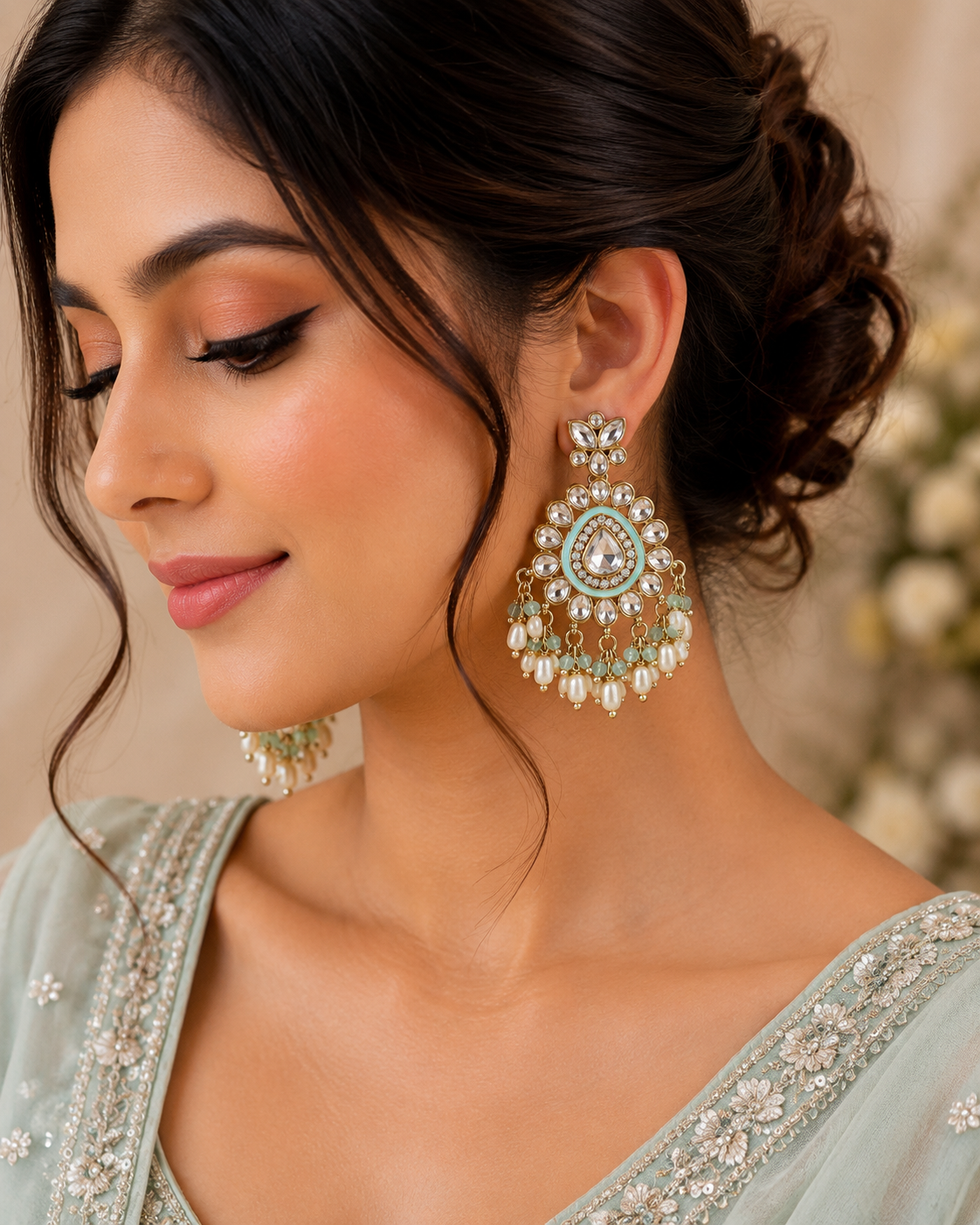 Gold-Tone Mint Green Pearl Chandelier Earrings
