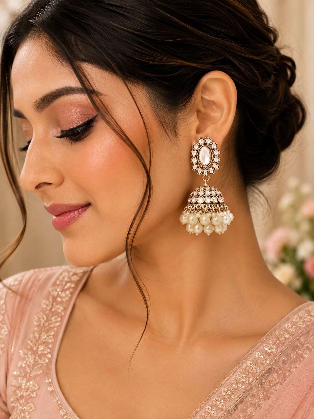 Gold & White Pearl Jhumka Earrings – Artificial Traditional Fashion Jewellery