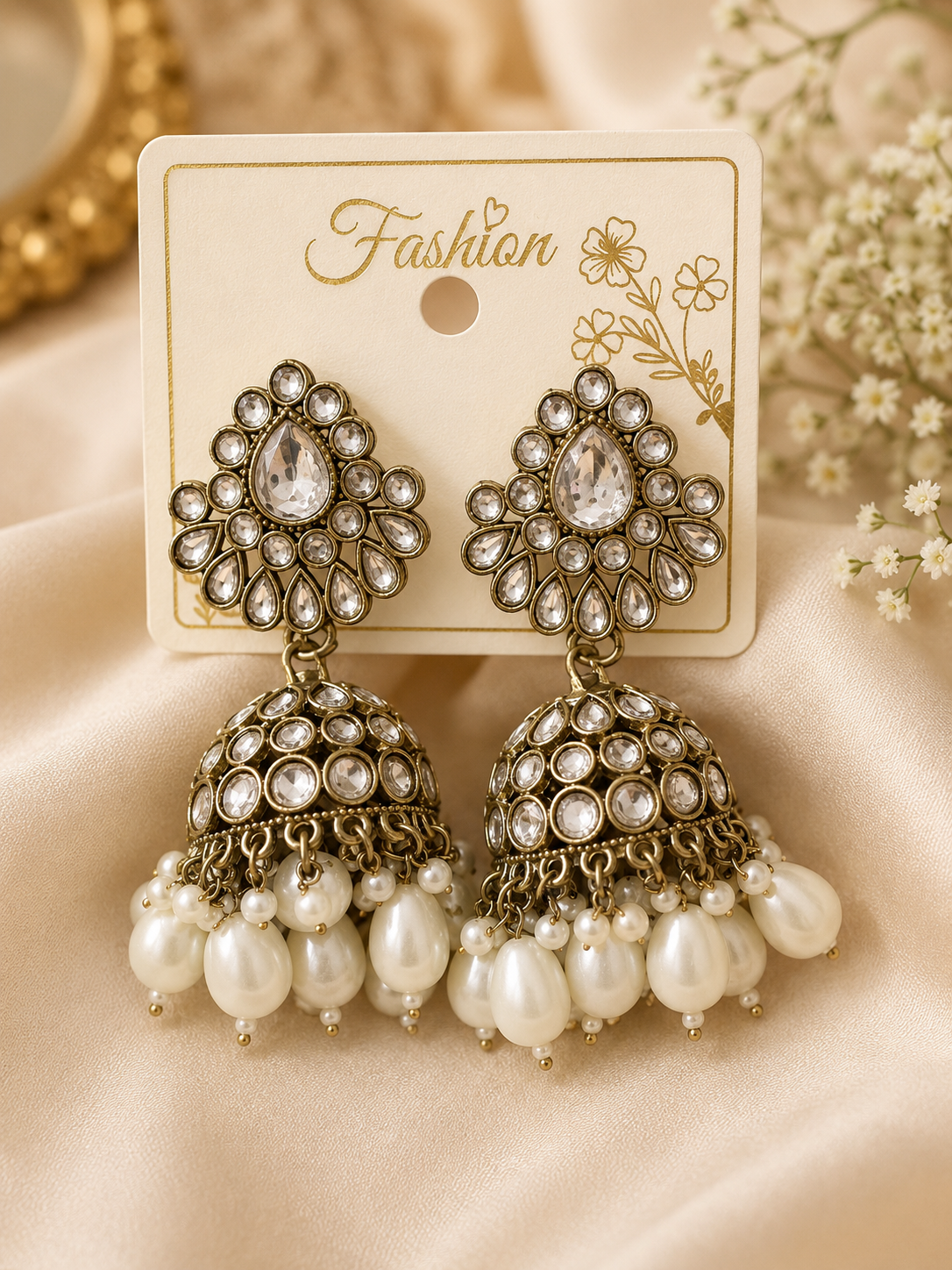 Gold-Tone Pearl Jhumka Earrings – Crystal Floral Statement Earrings