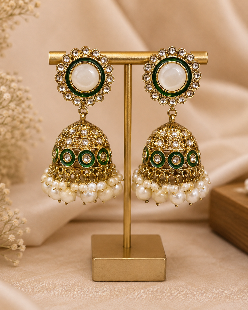 Gold-Tone Green Enamel Pearl Jhumka Earrings