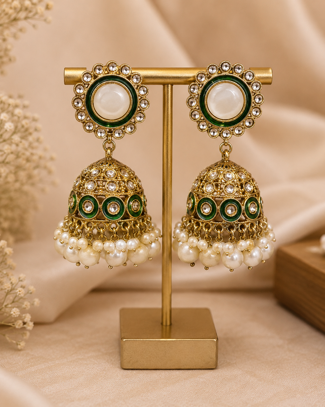 Gold-Tone Green Enamel Pearl Jhumka Earrings