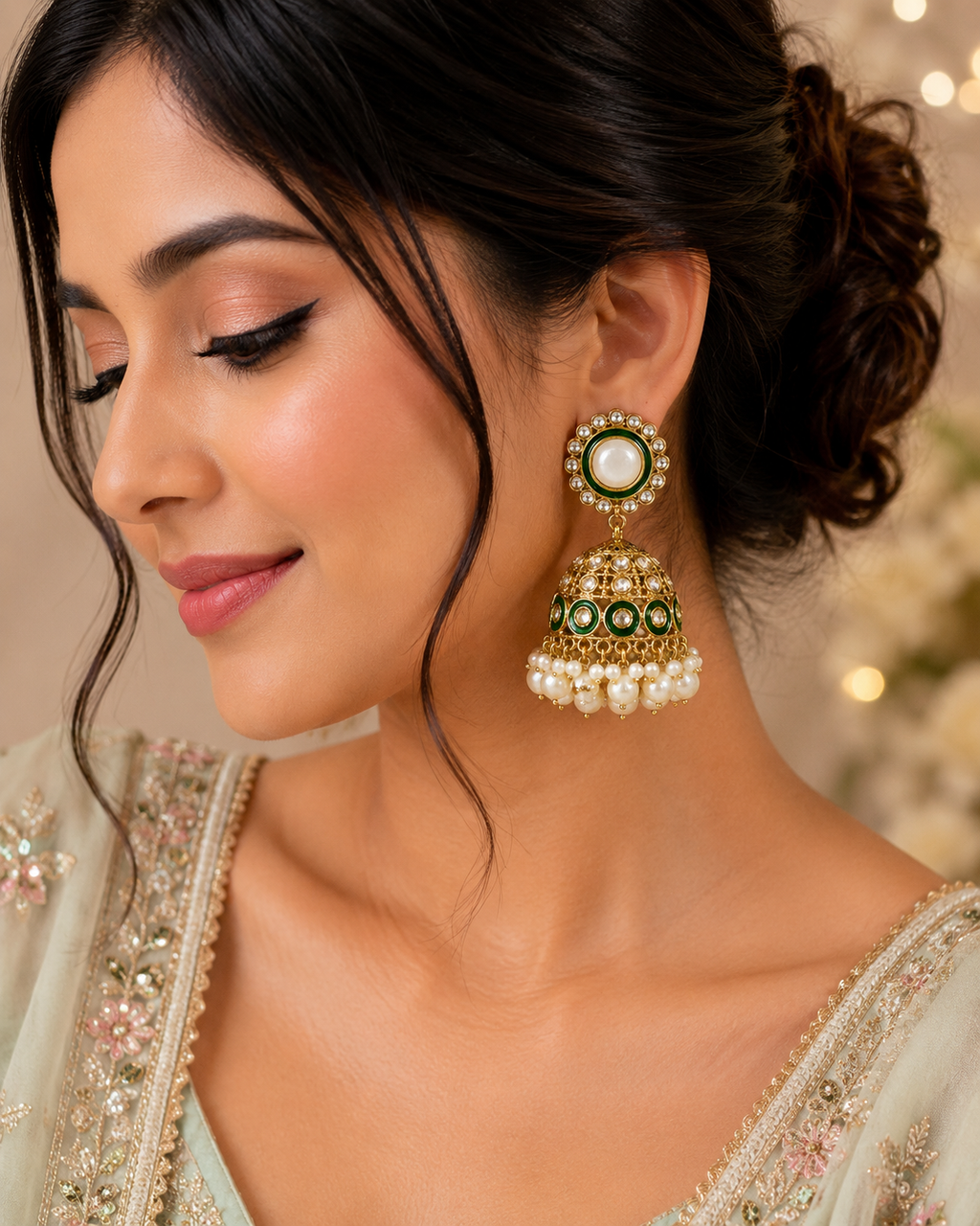 Gold-Tone Green Enamel Pearl Jhumka Earrings