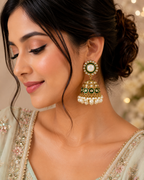 Gold-Tone Green Enamel Pearl Jhumka Earrings