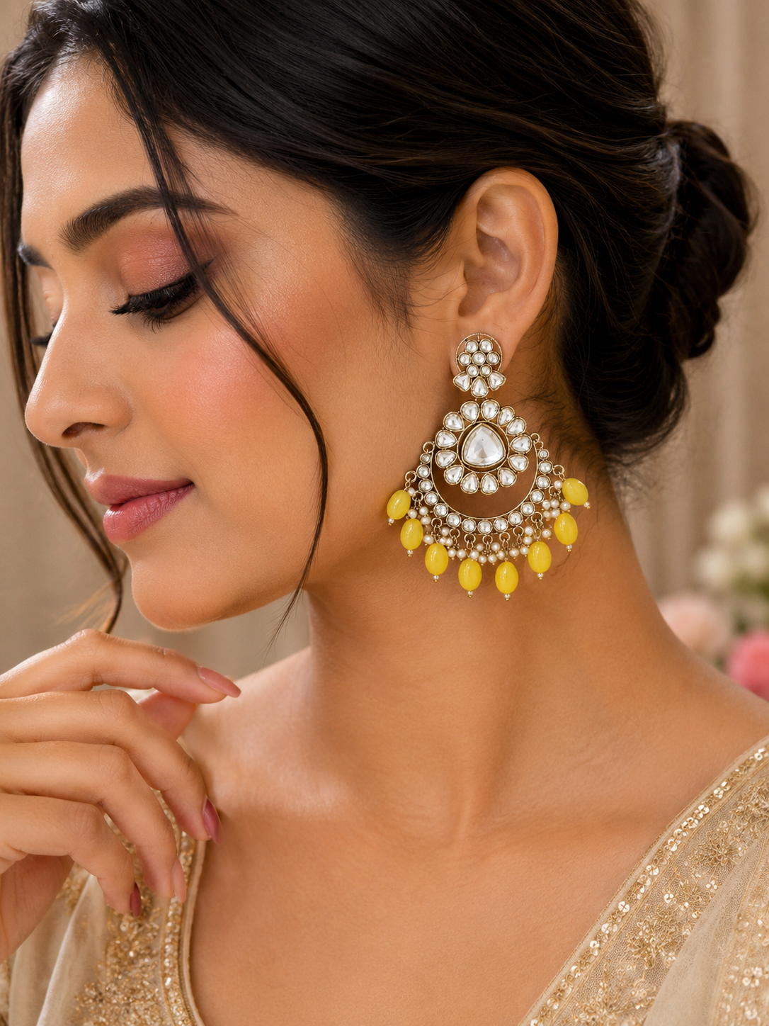 Gold & Yellow Beaded Chandelier Earrings – Artificial Fashion Jewellery