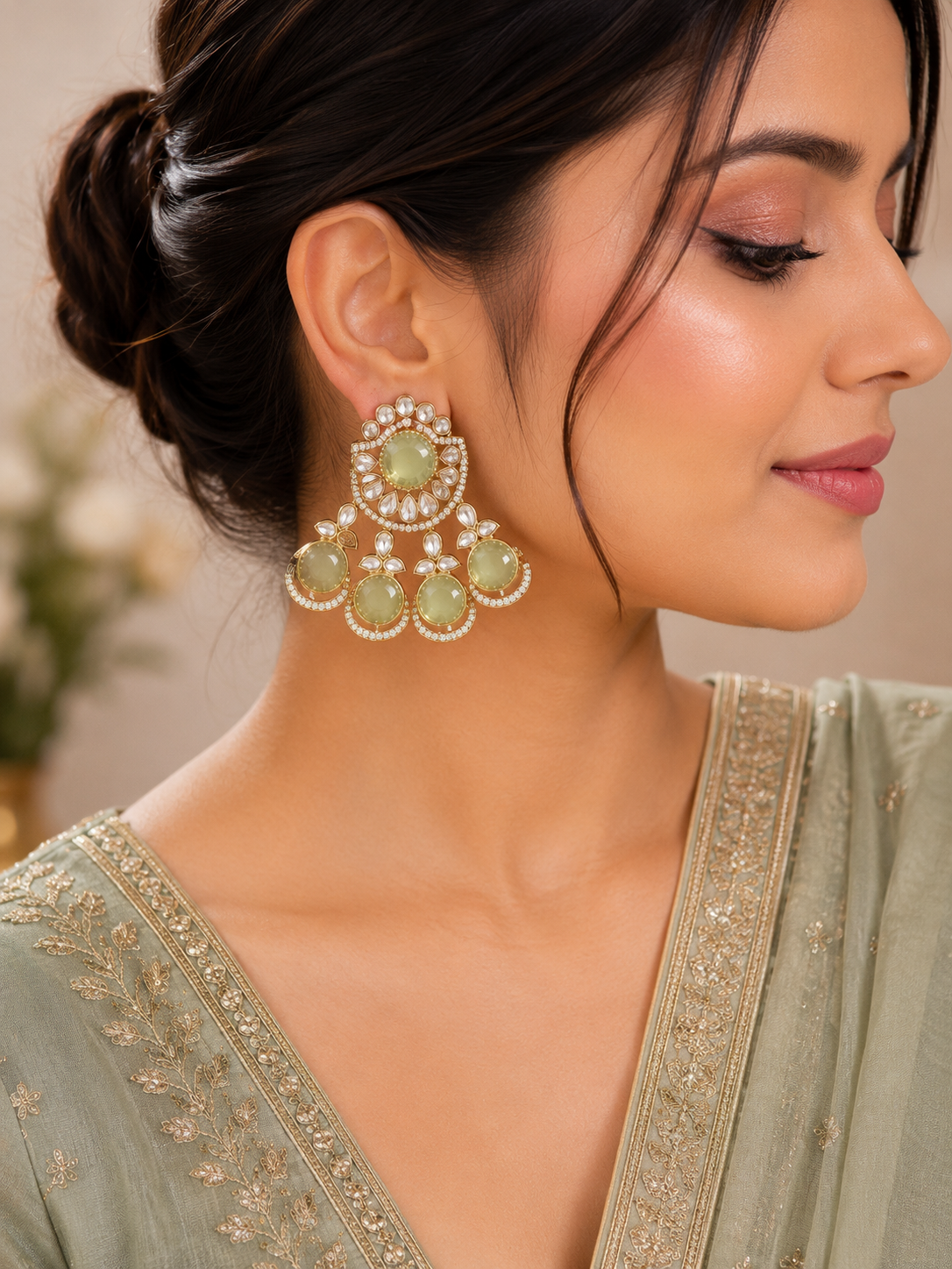 Green Stone Artificial Statement Earrings