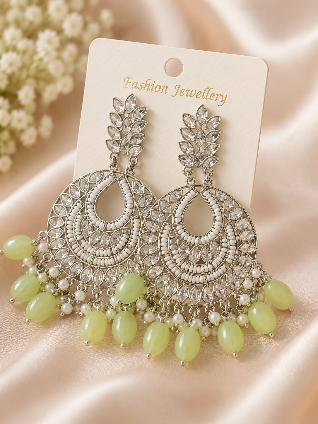 Silver & Green Chandelier Earrings – Artificial Fashion Jewellery