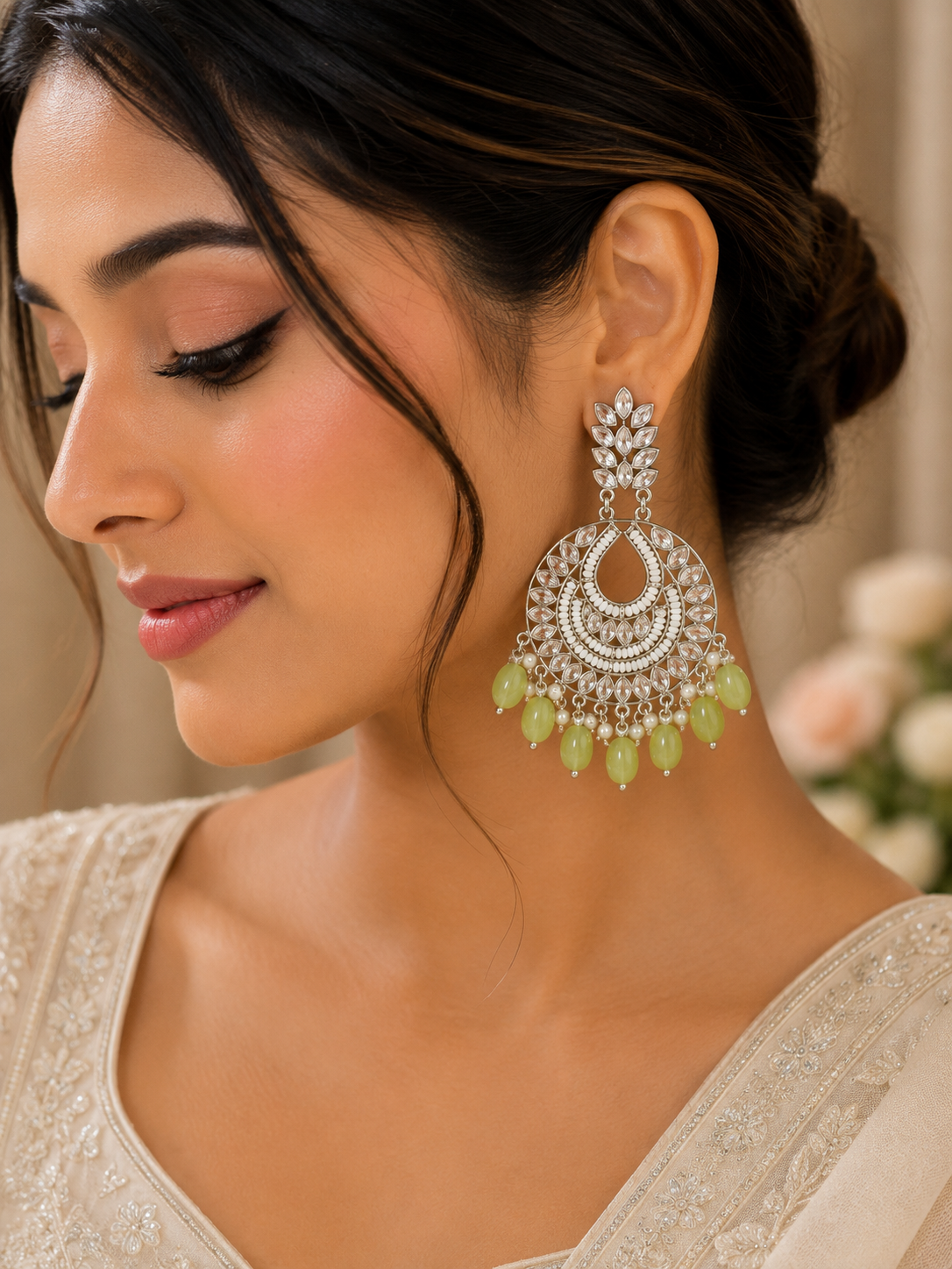 Silver & Green Chandelier Earrings – Artificial Fashion Jewellery