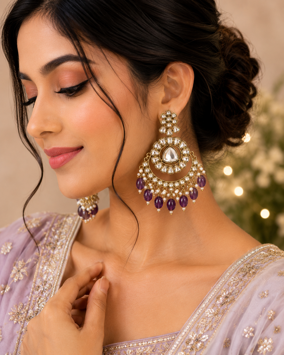 Gold-Tone Purple Beaded Statement Chandelier Earrings