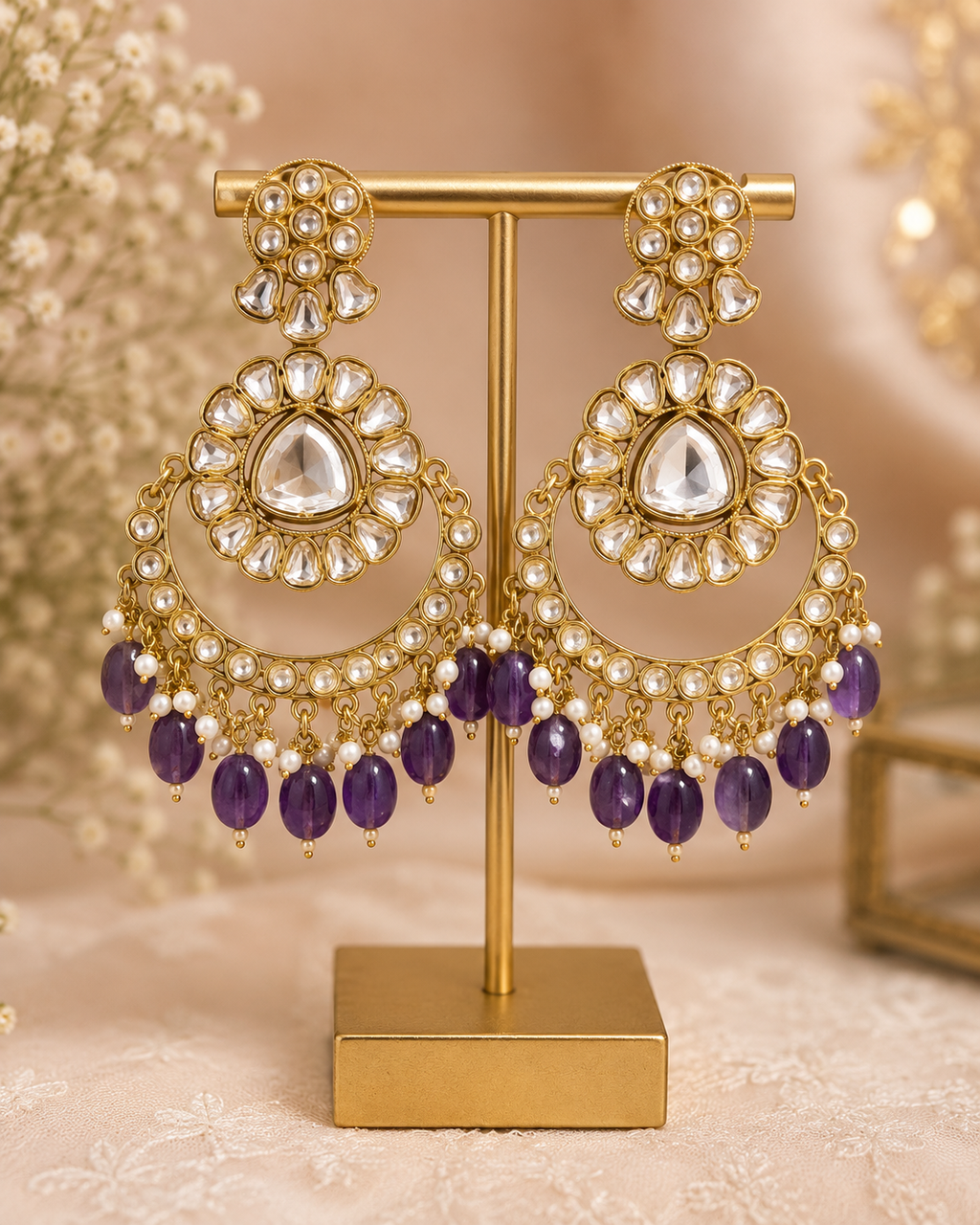 Gold-Tone Purple Beaded Statement Chandelier Earrings