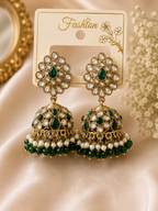 Green & White Stone Jhumka Earrings – Gold-Tone Pearl & Crystal Statement Earrings