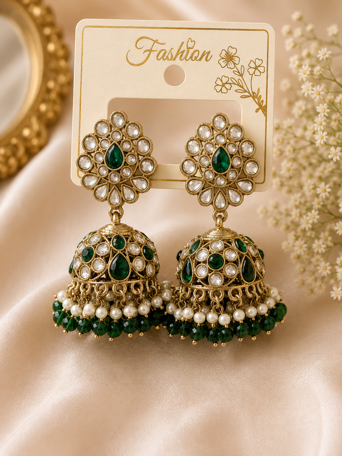 Green & White Stone Jhumka Earrings – Gold-Tone Pearl & Crystal Statement Earrings