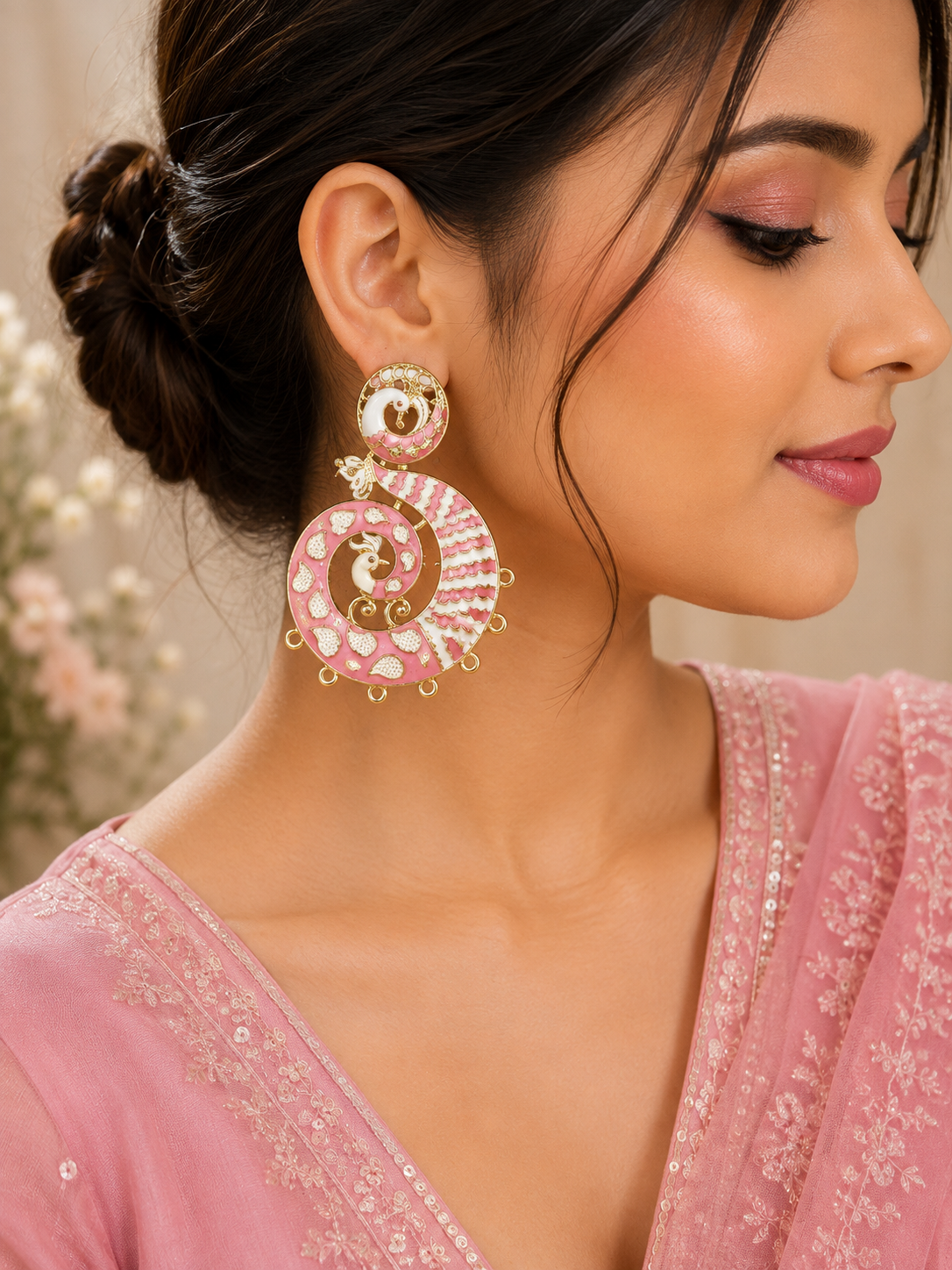 Pink & White Peacock Spiral Artificial Earrings