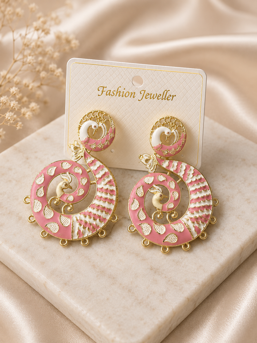 Pink & White Peacock Spiral Artificial Earrings