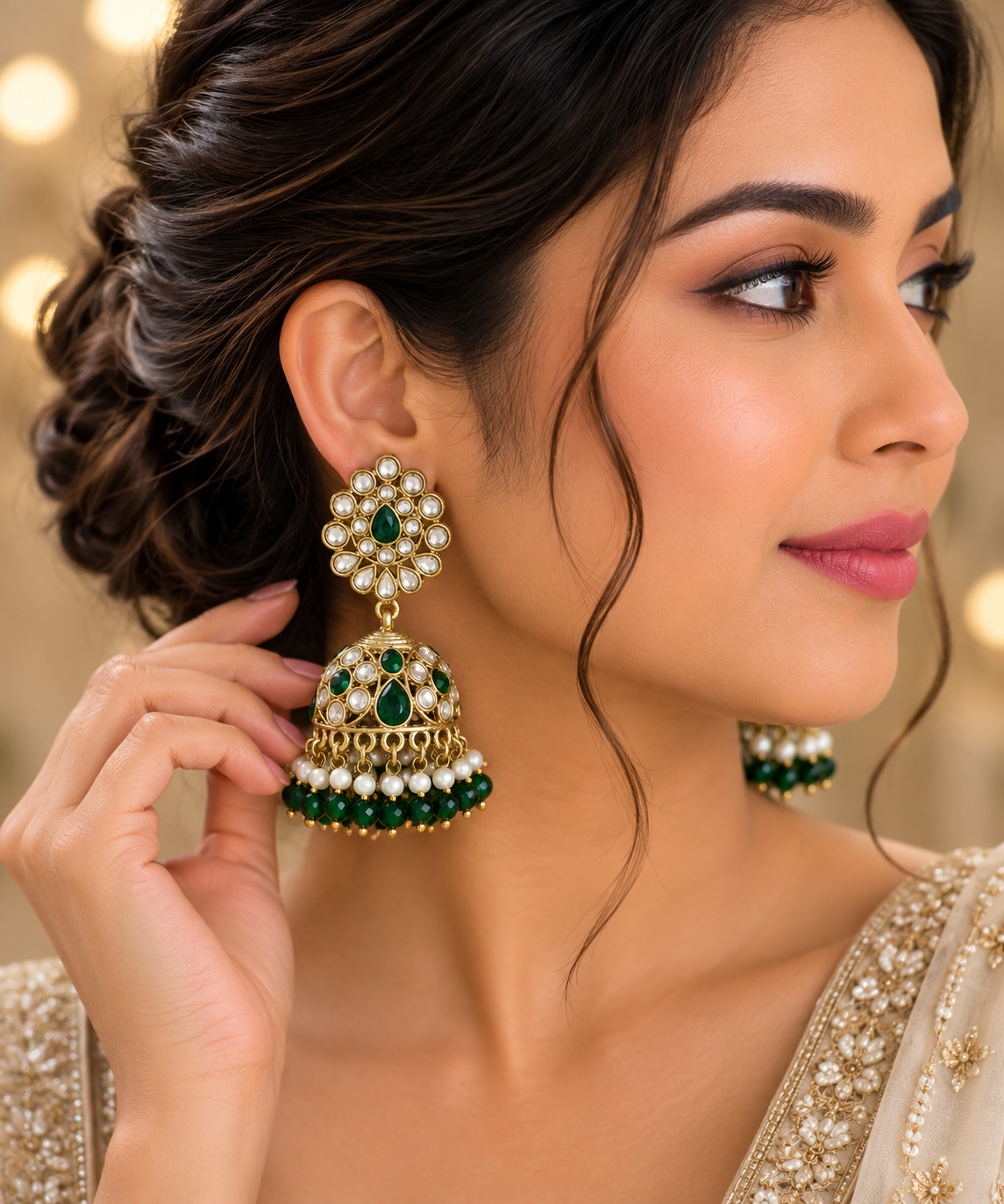 Green & White Stone Jhumka Earrings – Gold-Tone Pearl & Crystal Statement Earrings