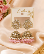 Pink Beaded Stone-Studded Jhumka Earrings