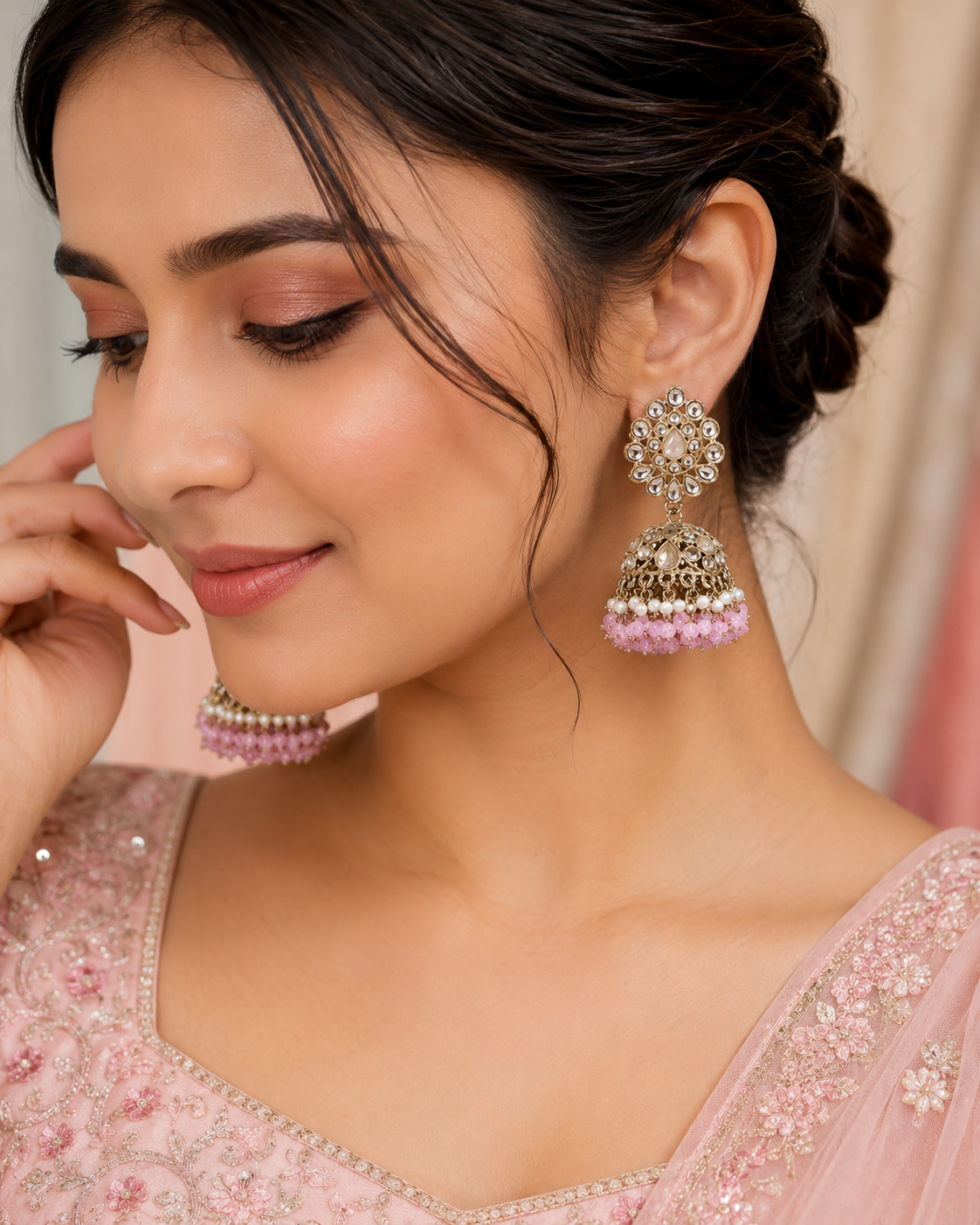 Pink Beaded Stone-Studded Jhumka Earrings