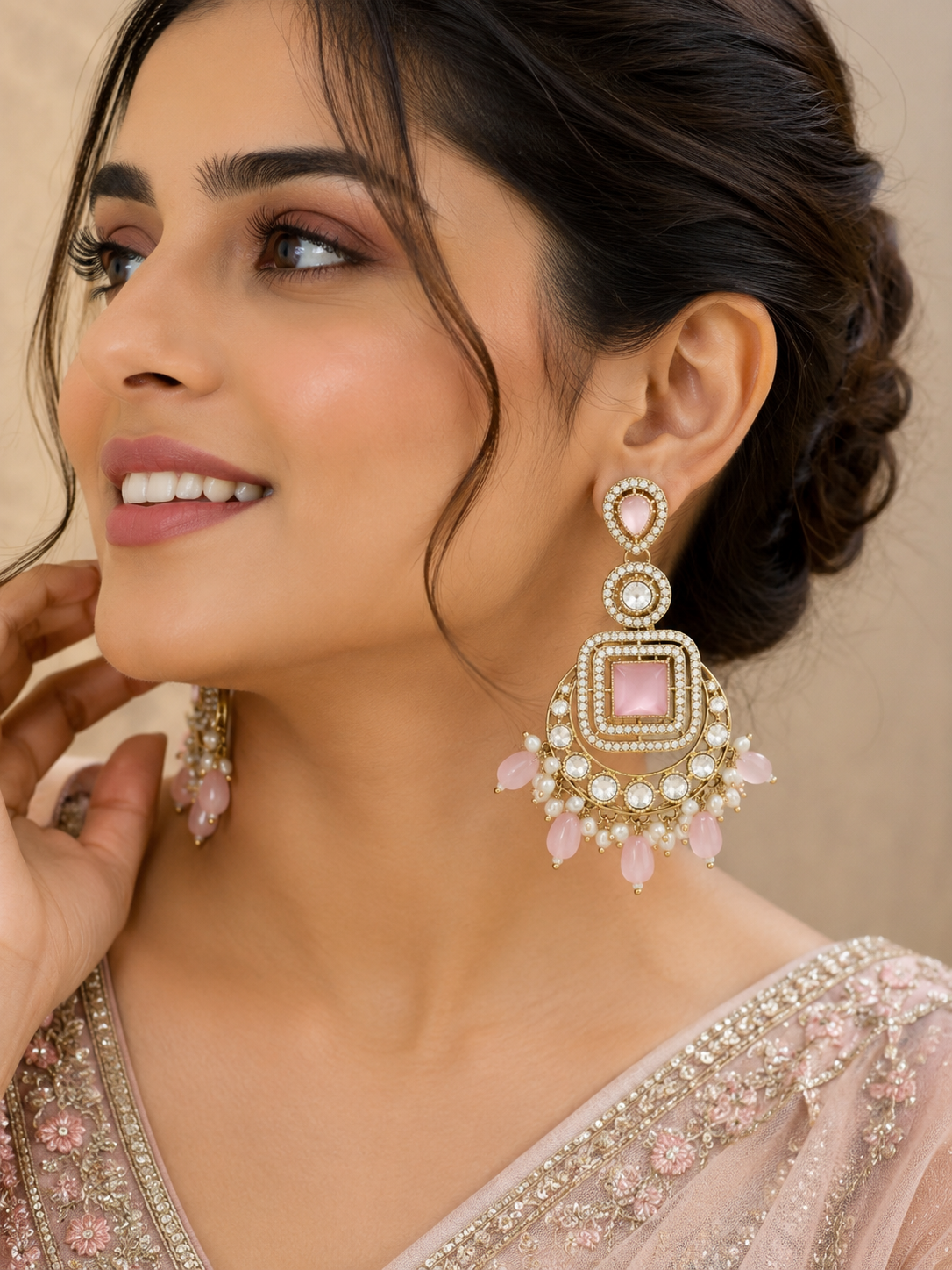 Pink Stone & Pearl Chandelier Earrings