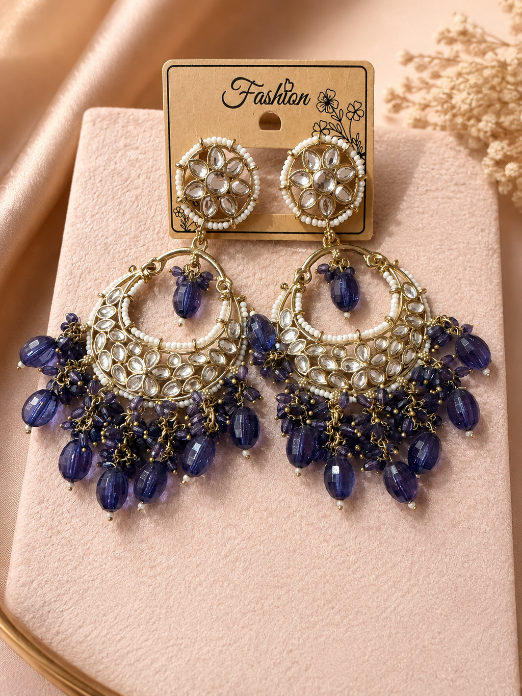 Royal Blue Kundan Chandelier Earrings