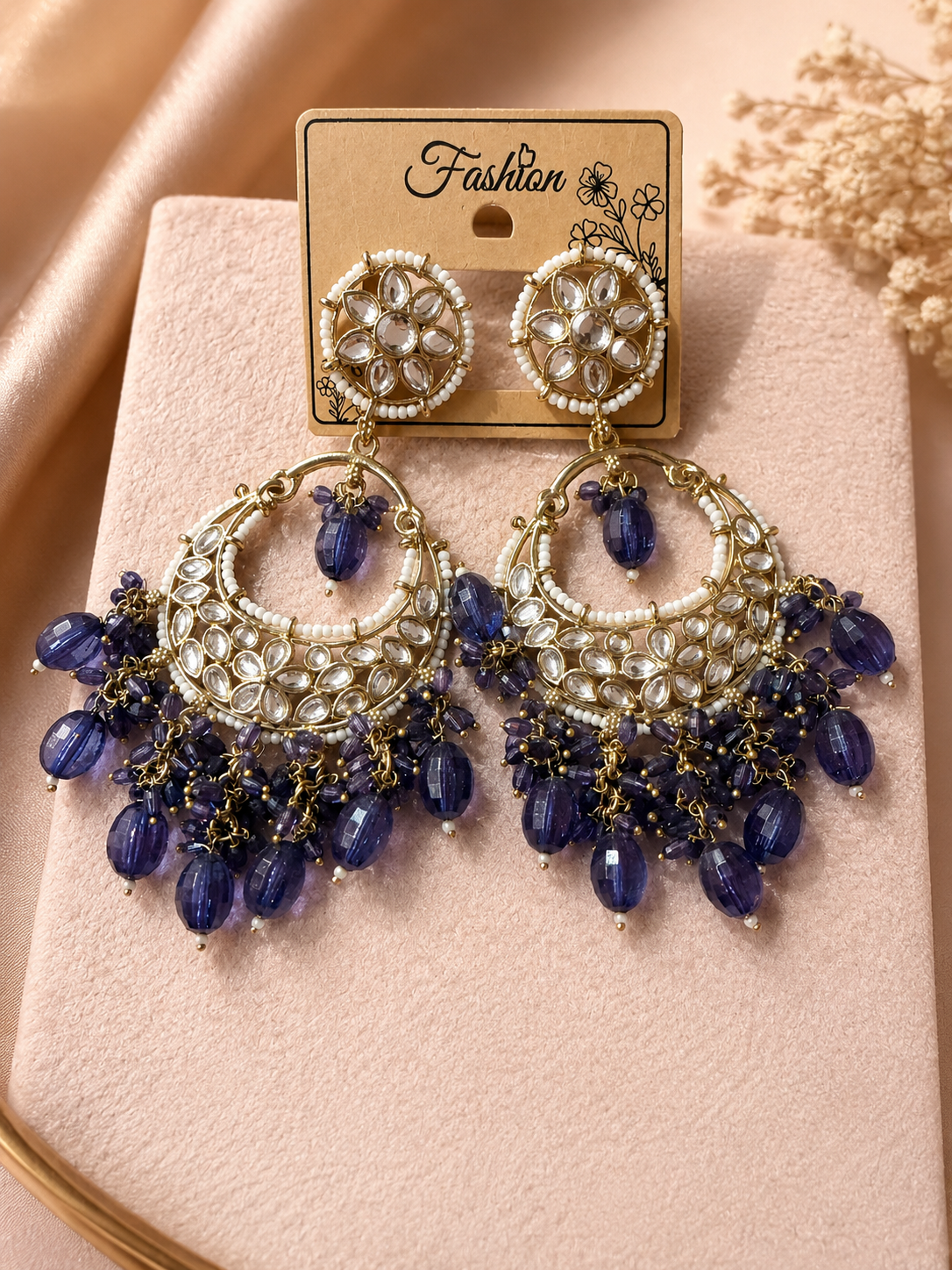 Royal Blue Kundan Chandelier Earrings