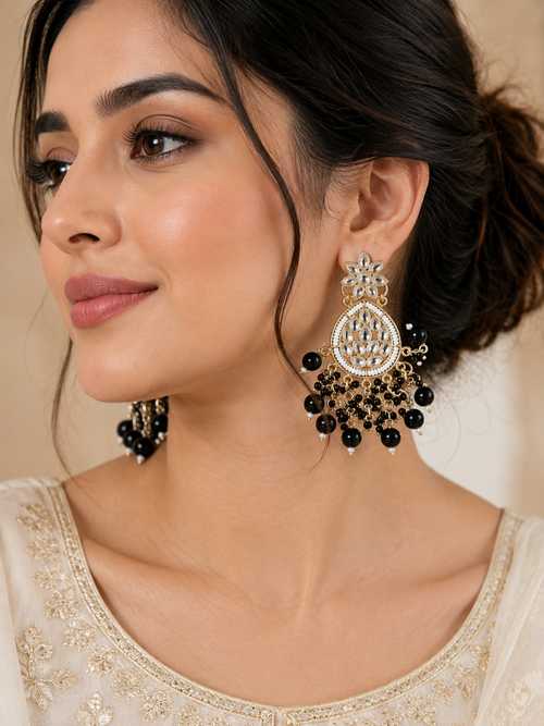 Black Beaded Kundan-Style Chandbali Drop Earrings
