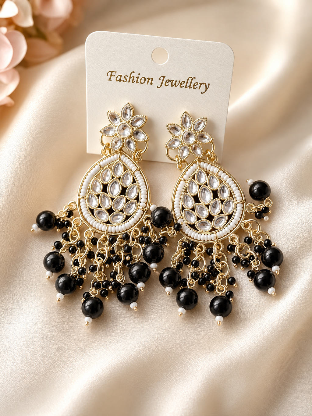 Black Beaded Kundan-Style Chandbali Drop Earrings