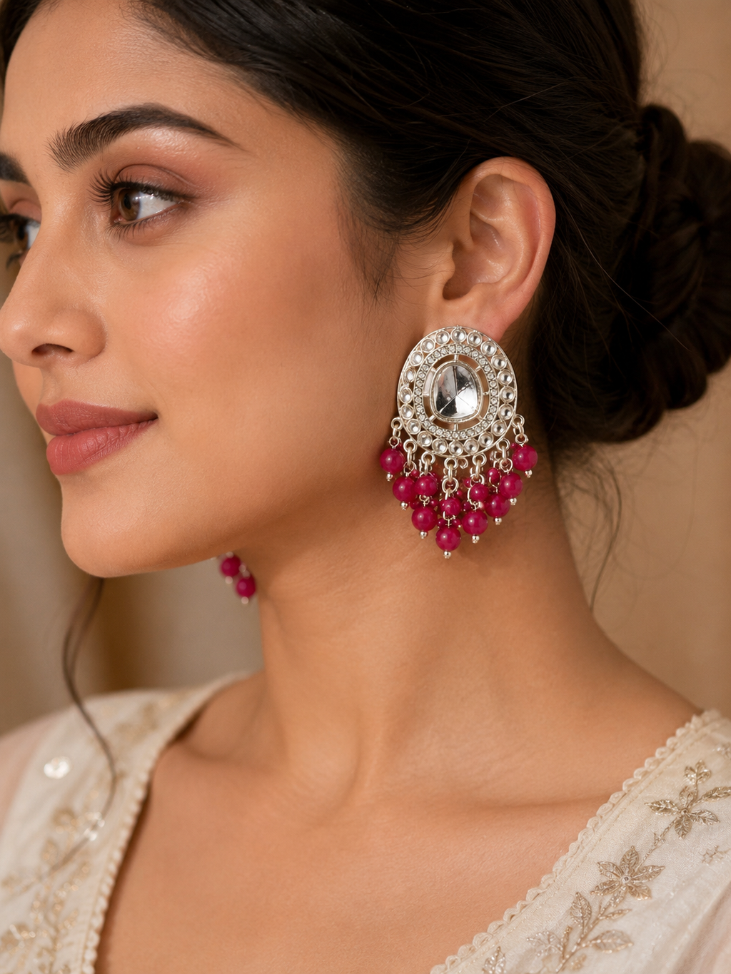 Silver-Tone Pink Beaded Statement Chandbali Earrings
