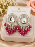 Silver-Tone Pink Beaded Statement Chandbali Earrings