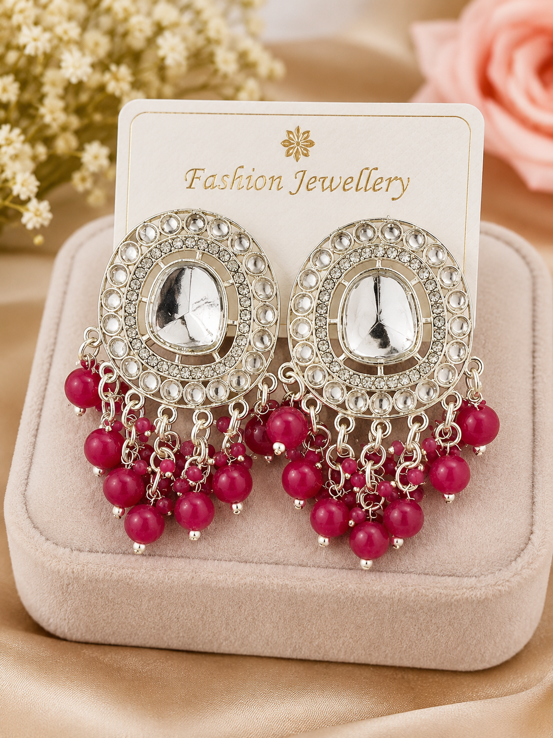 Silver-Tone Pink Beaded Statement Chandbali Earrings