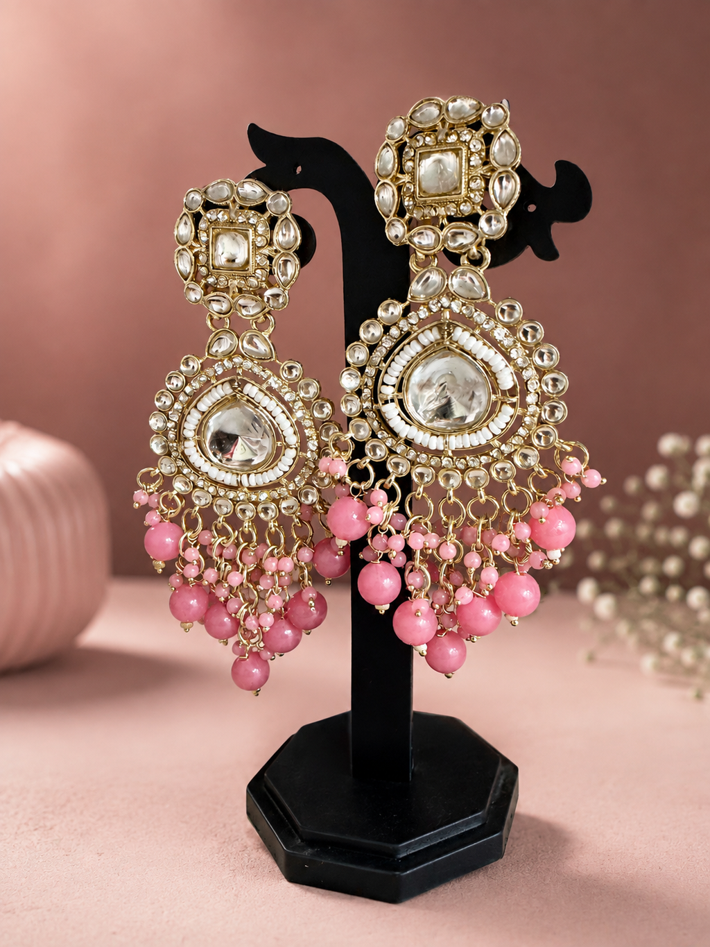 Pink Kundan-Style Beaded Chandelier Earrings
