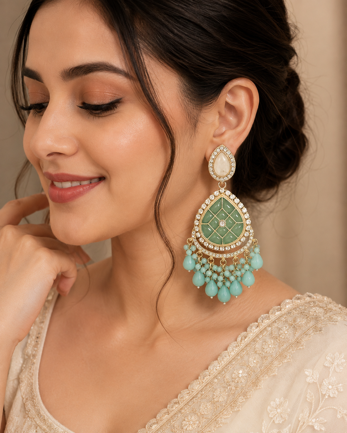 Emerald Green & Aqua Blue Crystal Beaded Chandelier Earrings | Statement Festive Earrings