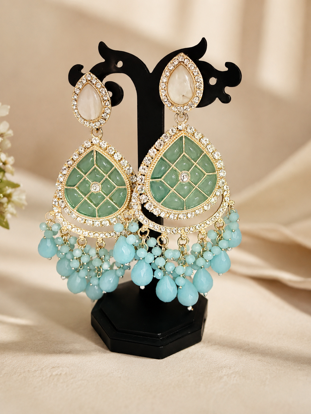 Emerald Green & Aqua Blue Crystal Beaded Chandelier Earrings | Statement Festive Earrings